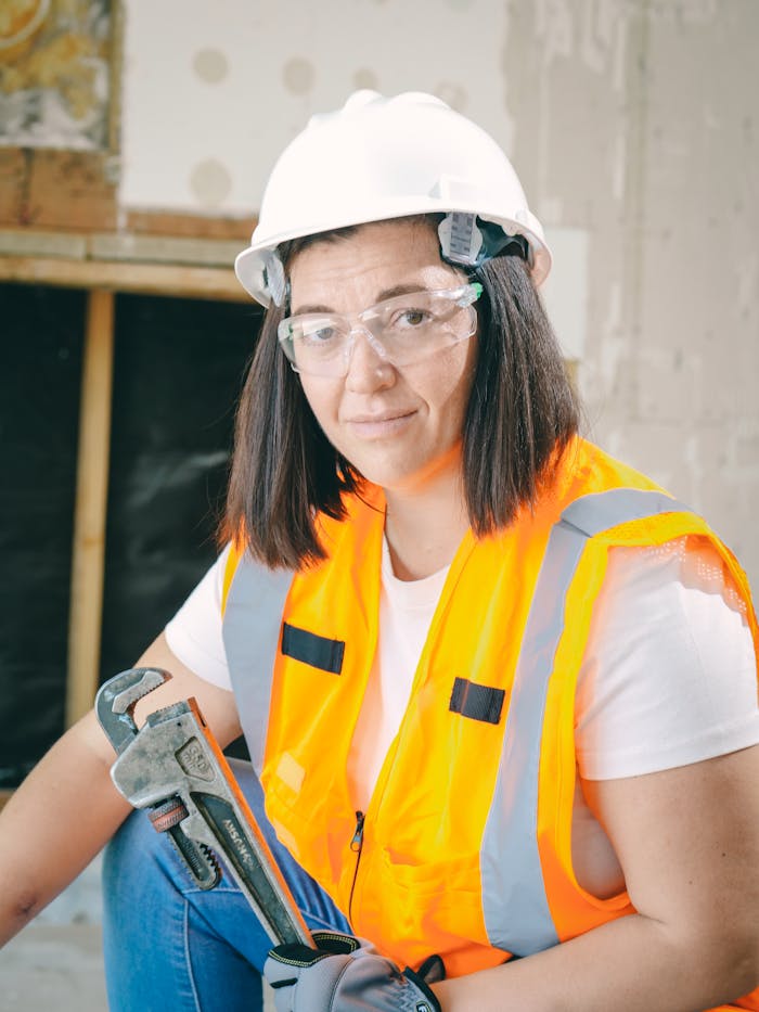 About Female construction worker wearing PPE, holding a wrench in an indoor setting.